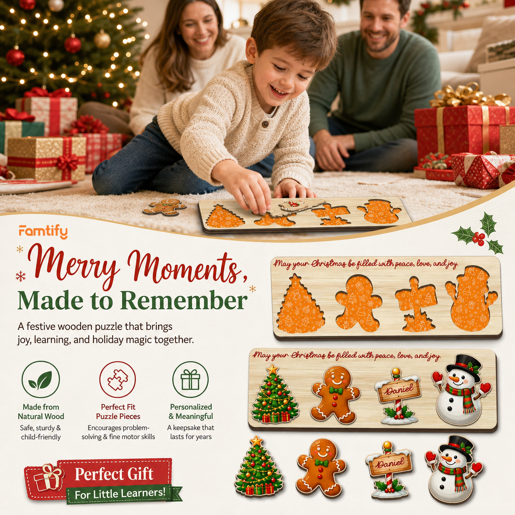Personalized gingerbread and North Pole sign Christmas wooden puzzle board view 9