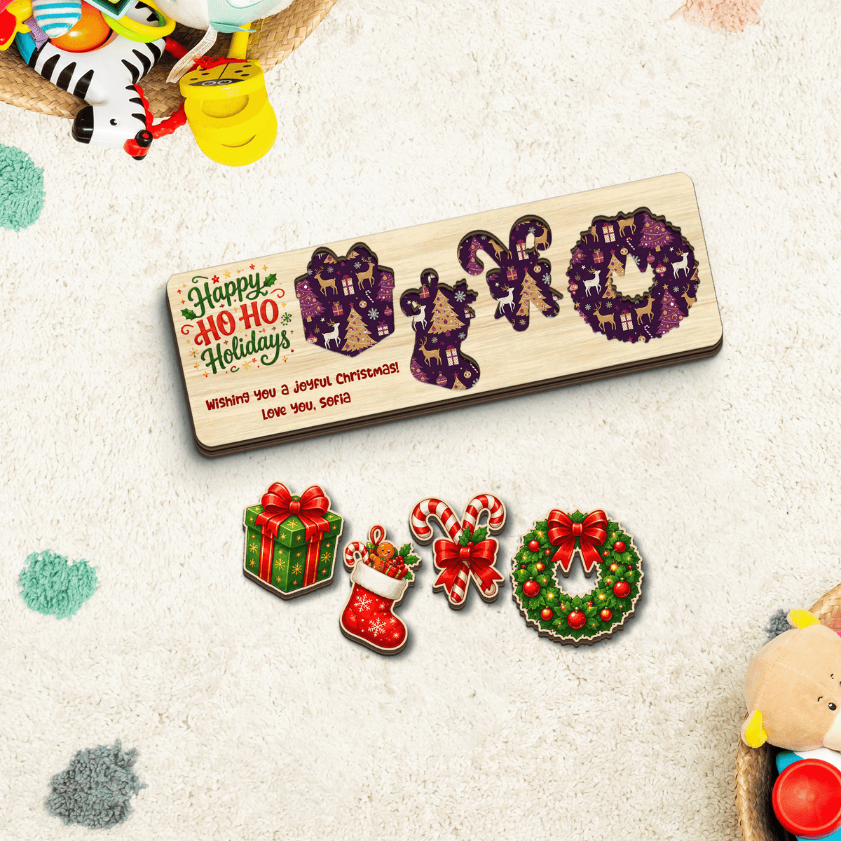 Personalized gift and wreath Ho Ho Holidays Christmas wooden puzzle board with custom message