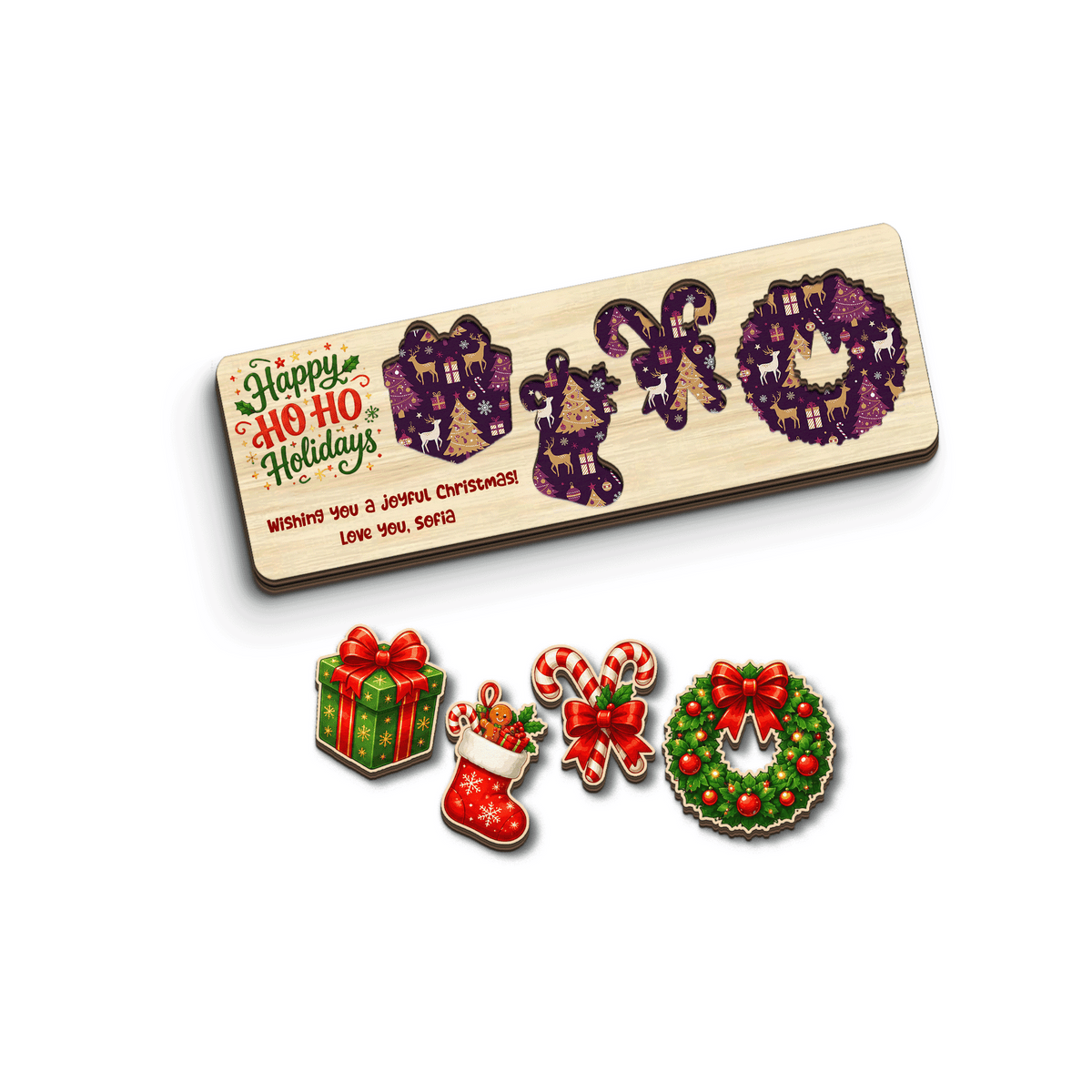 Personalized gift and wreath Christmas wooden puzzle board view 2