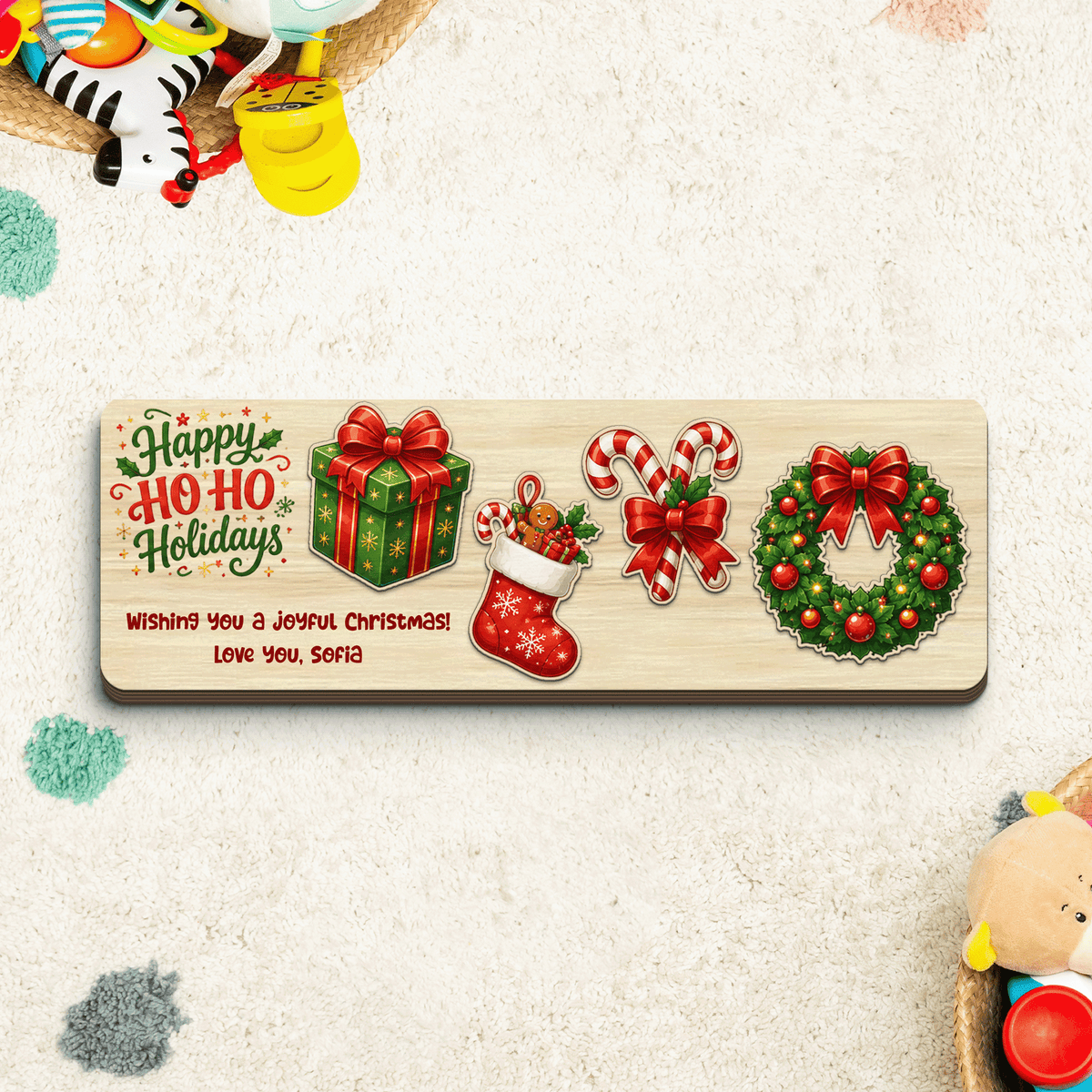 Personalized gift and wreath Christmas wooden puzzle board view 3