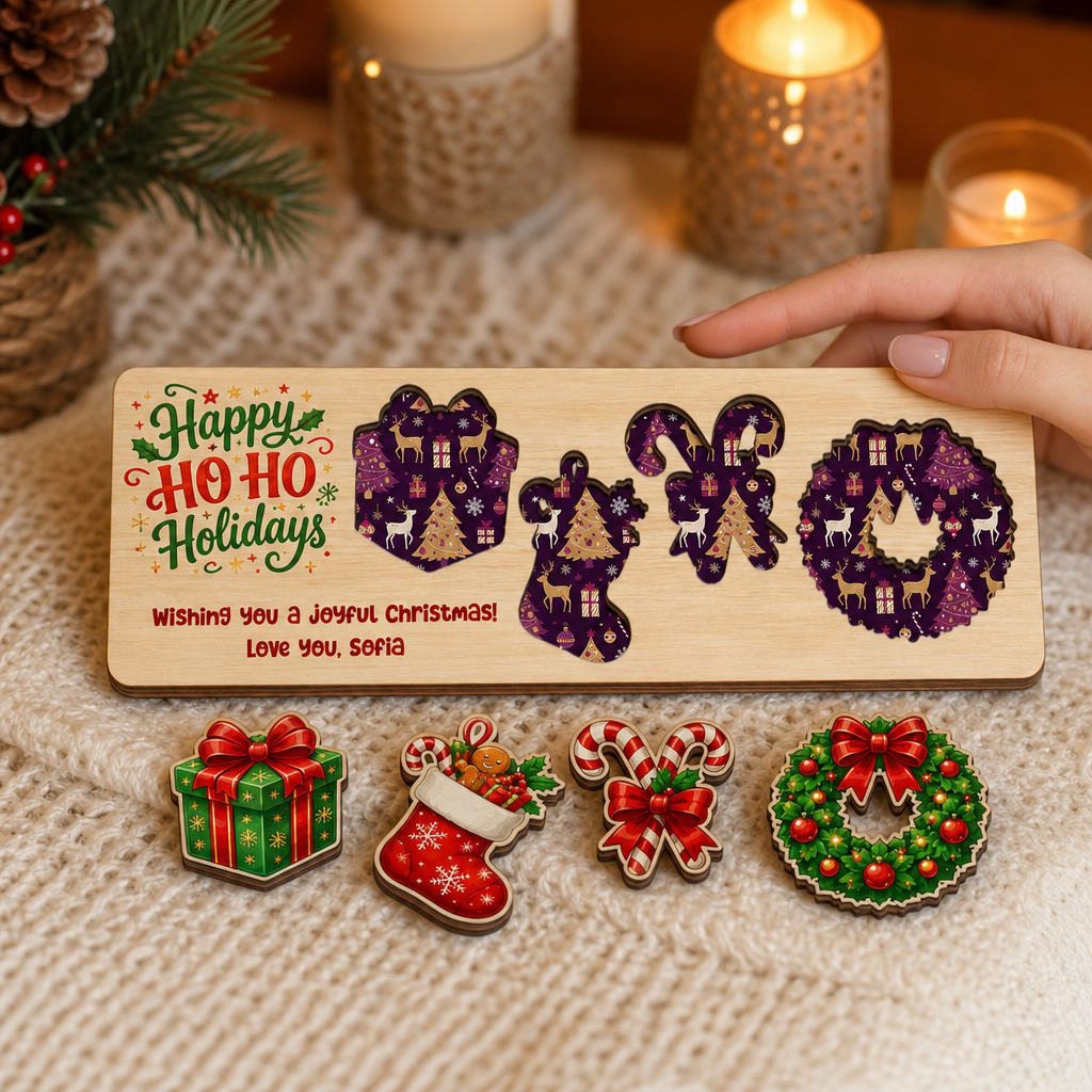 Personalized gift and wreath Christmas wooden puzzle board view 5