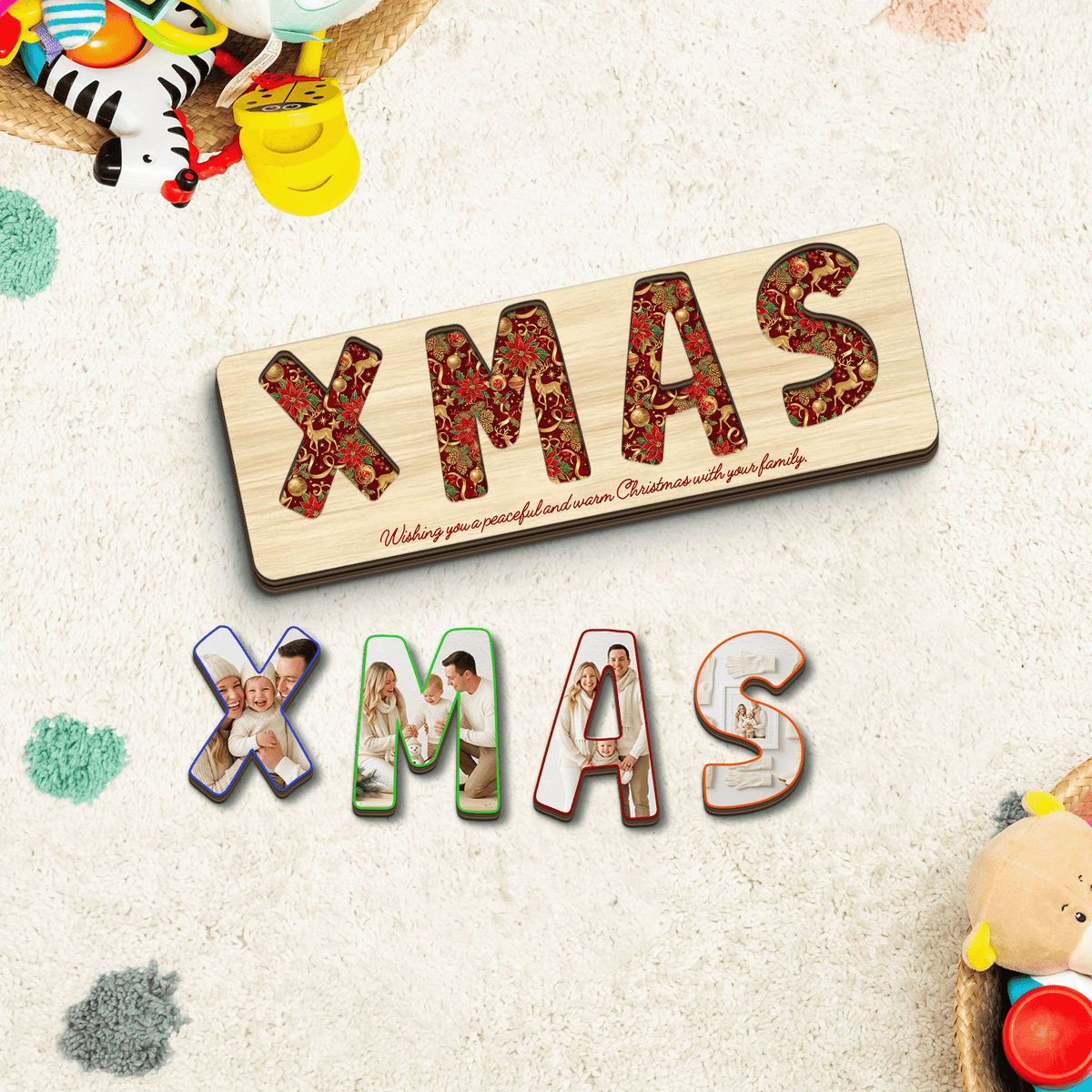 Personalized XMAS family photo Christmas wooden puzzle board view 3