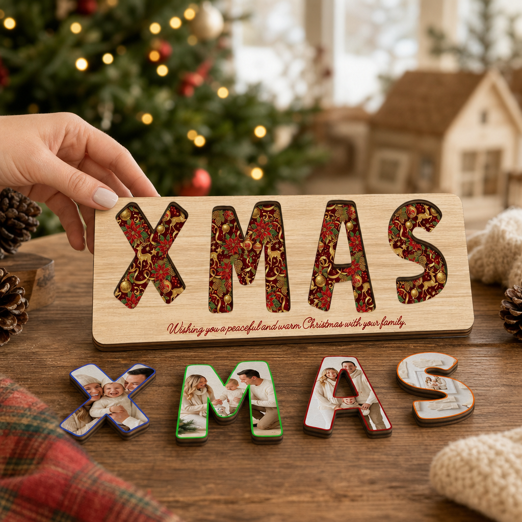 Personalized XMAS family photo Christmas wooden puzzle board view 5