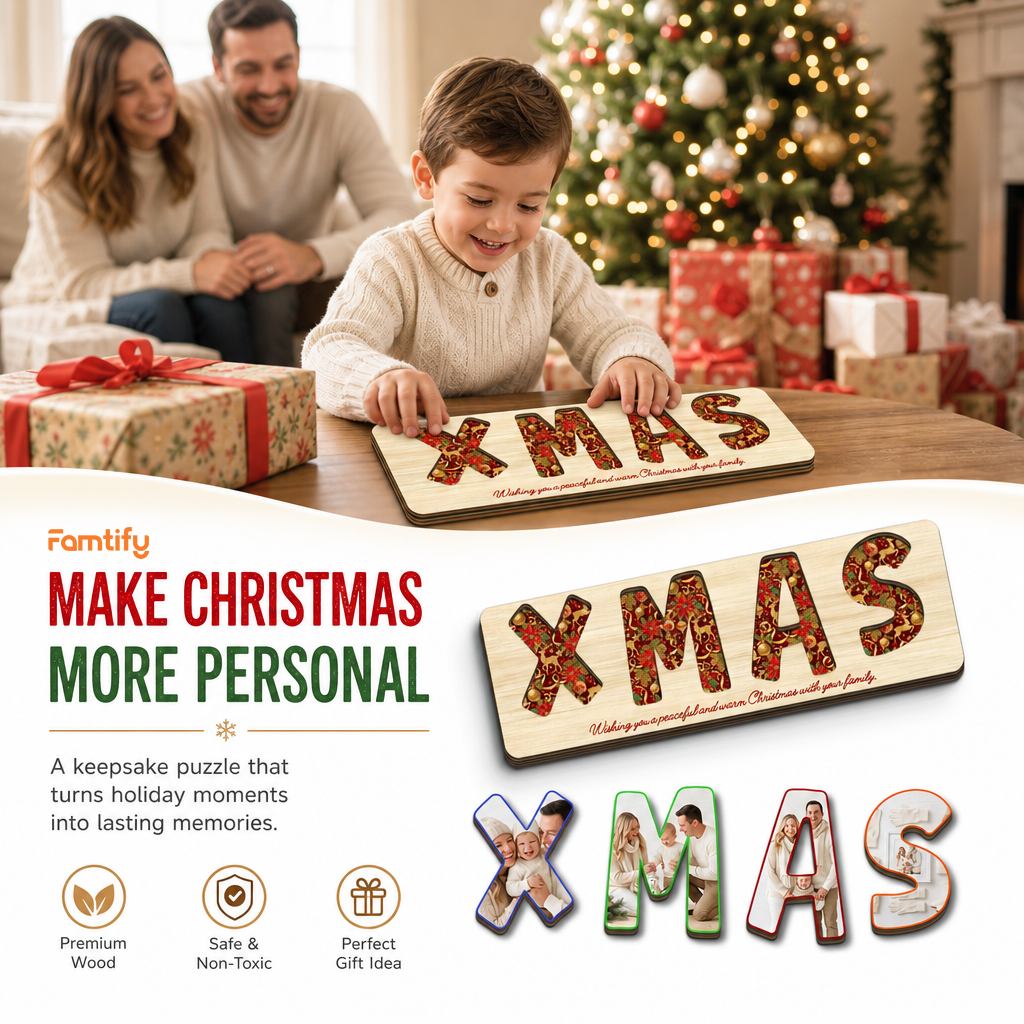 Personalized XMAS family photo Christmas wooden puzzle board view 8
