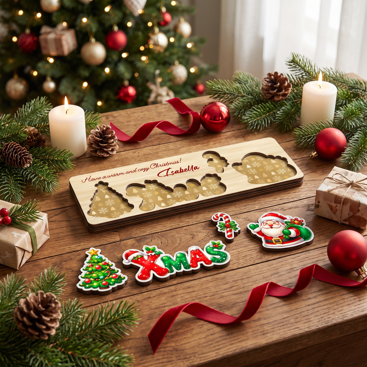 Personalized tree and Santa XMAS wooden puzzle board view 7