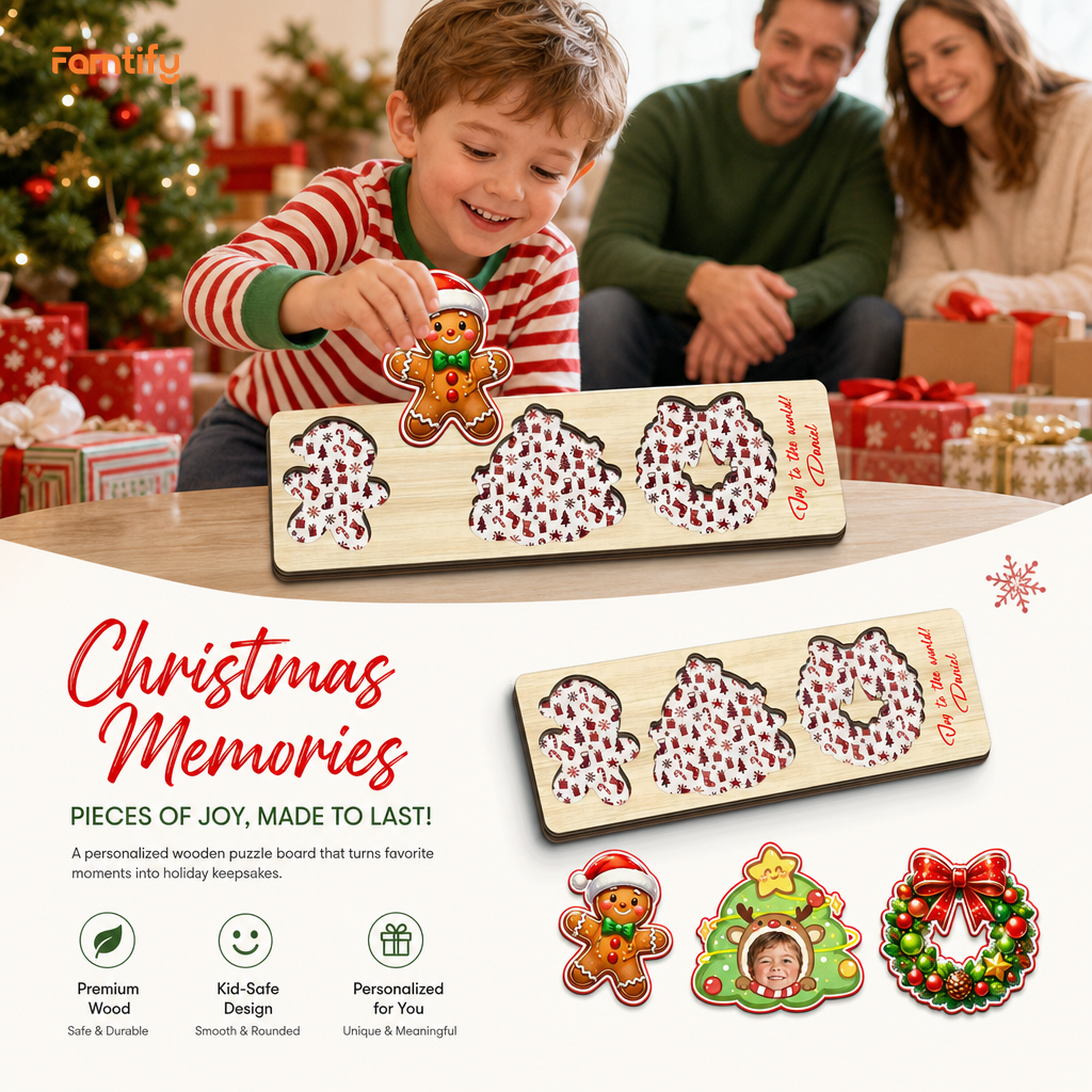 Personalized reindeer tree photo Christmas wooden puzzle board view 4