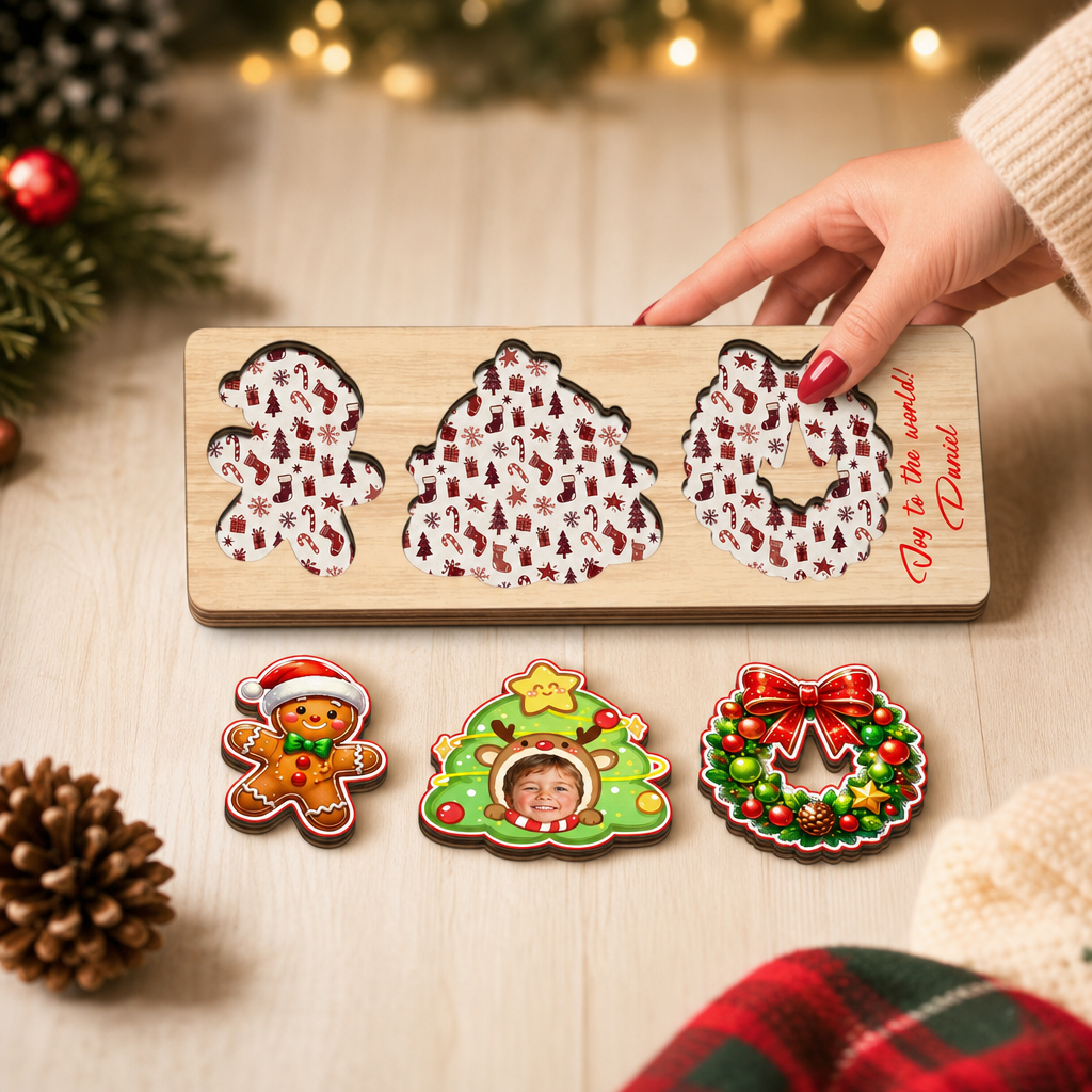 Personalized reindeer tree photo Christmas wooden puzzle board view 5