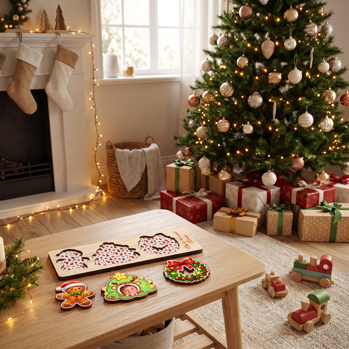 Personalized reindeer tree photo Christmas wooden puzzle board view 7