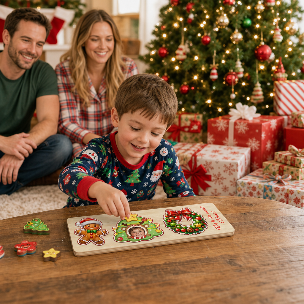 Personalized reindeer tree photo Christmas wooden puzzle board view 8