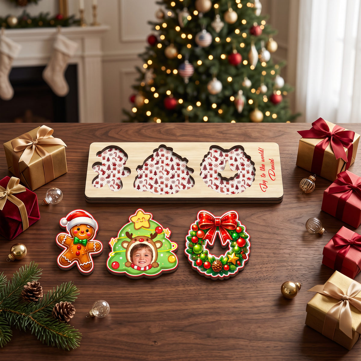 Personalized reindeer tree photo Christmas wooden puzzle board view 9