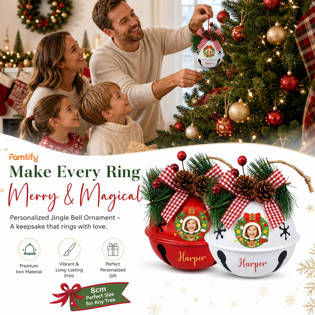 Personalized kid photo jingle bell ornament color options, premium iron, 8 cm ornament