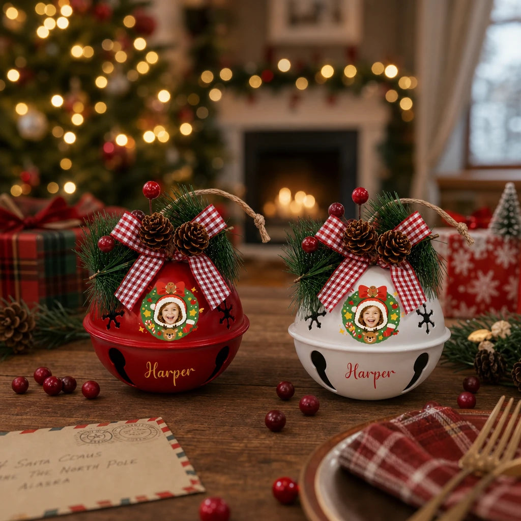 Two personalized kid photo jingle bell ornaments on a holiday table, bell color options