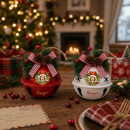 Two personalized kid photo jingle bell ornaments on a holiday table, bell color options