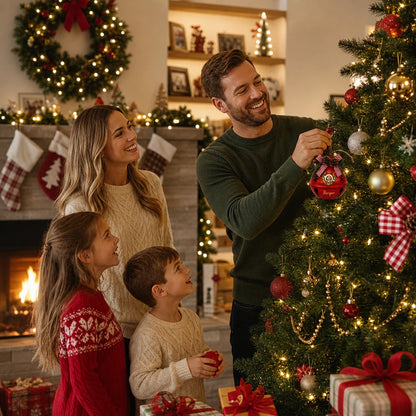 Family hanging a personalized jingle bell ornament on the Christmas tree