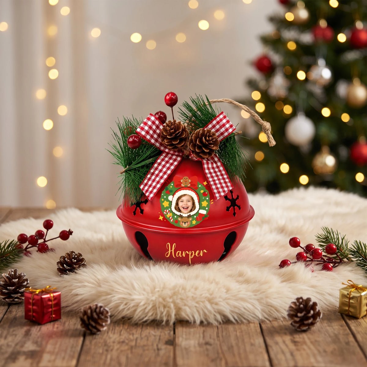 Personalized Christmas wreath kid photo jingle bell ornament on a festive table