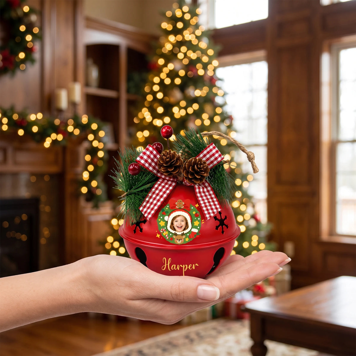 Hand holding a custom Christmas wreath kid photo jingle bell ornament