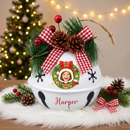 Custom photo Christmas wreath kid jingle bell ornament with child photo and name