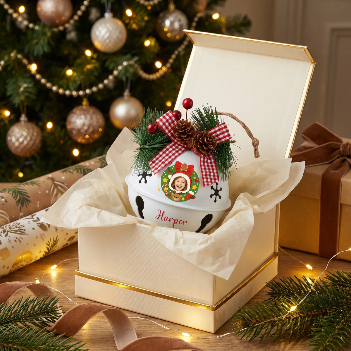 Personalized Christmas wreath kid jingle bell ornament in a gift box