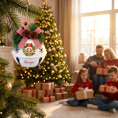 Personalized wreath kid photo jingle bell ornament hanging with family opening gifts