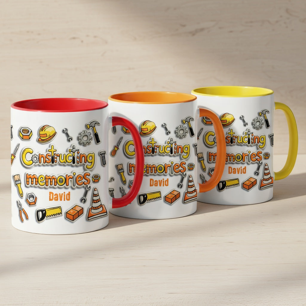 Personalized Dad Construction Mug – “Constructing Memories” Custom Name Coffee Mug