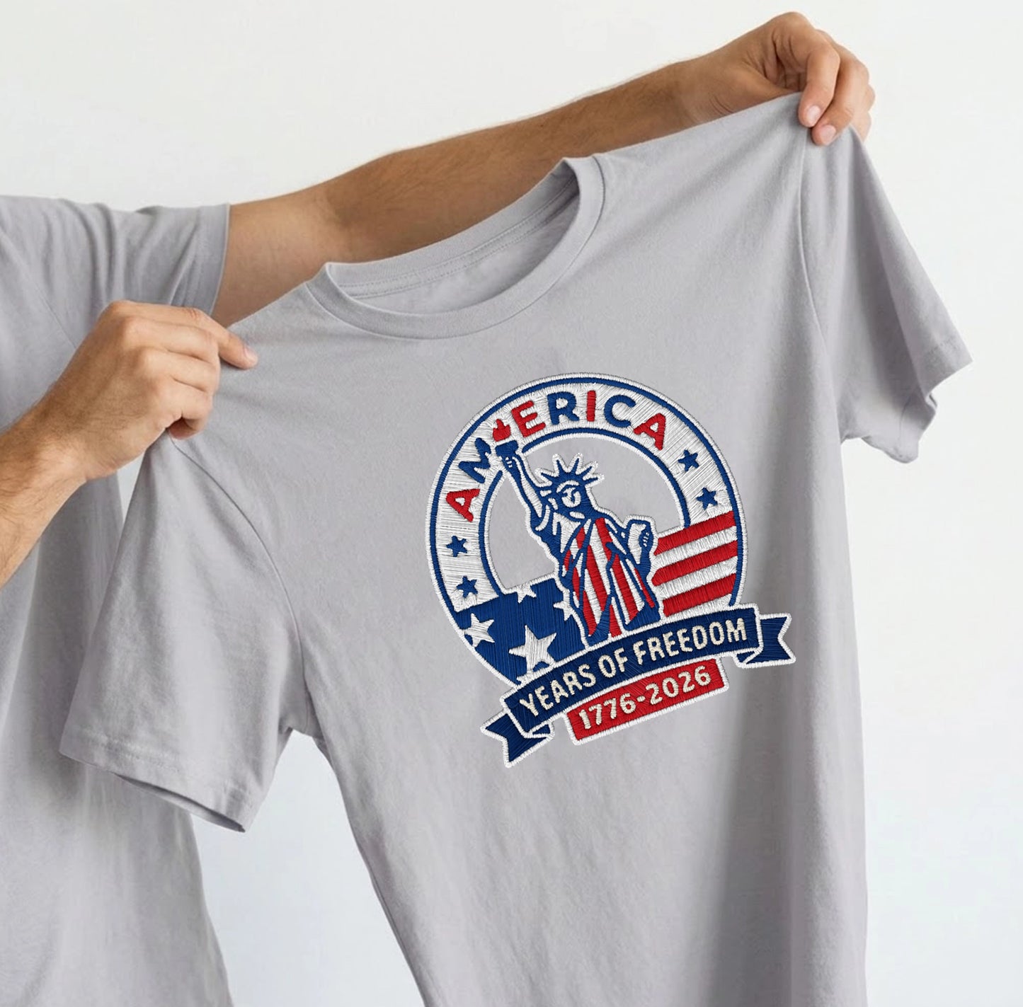 America 250th Anniversary Patriotic Embroidered T-Shirt - Independence Day Tee