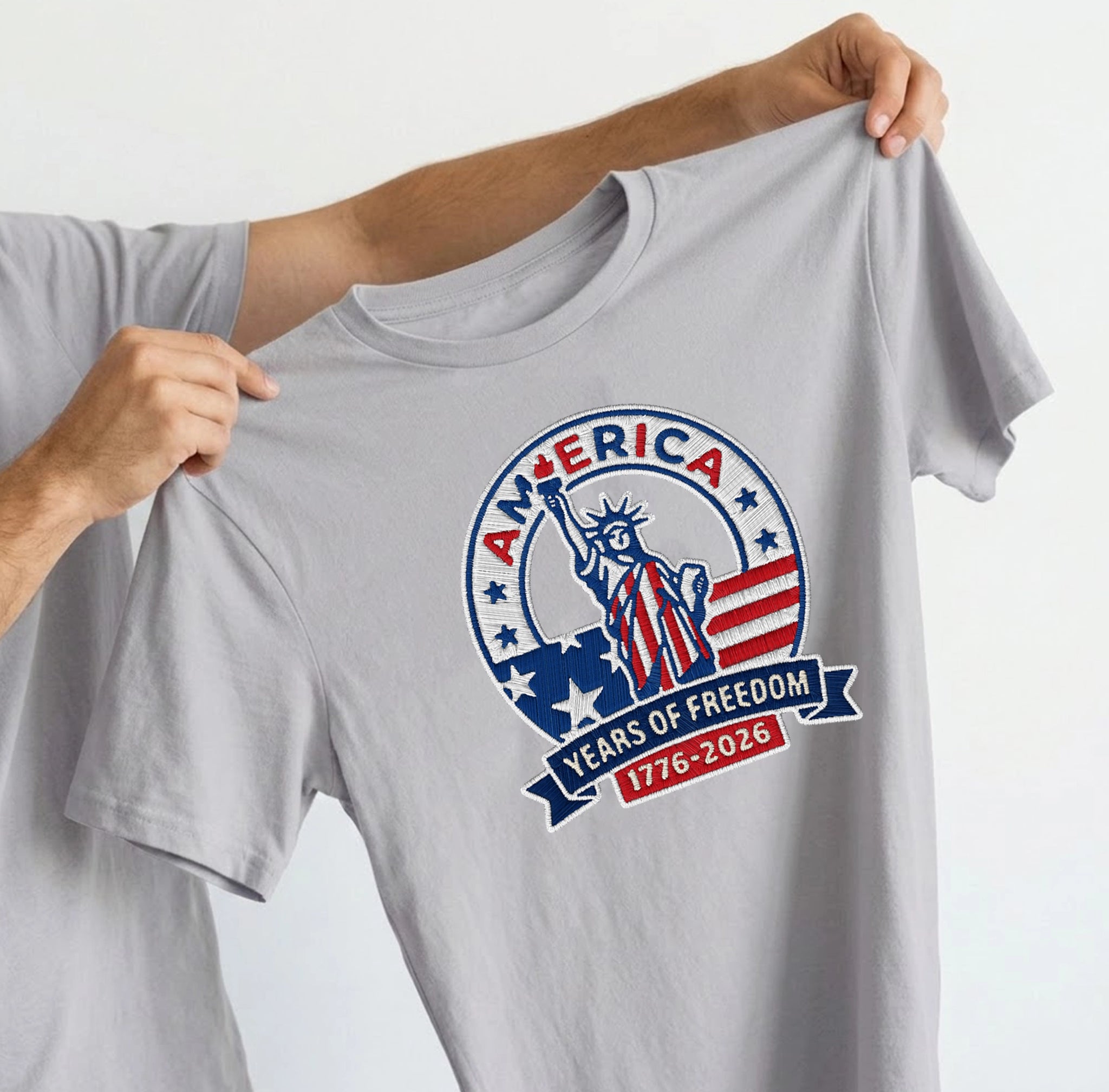 America 250th Anniversary Patriotic Embroidered T-Shirt - Independence Day Tee