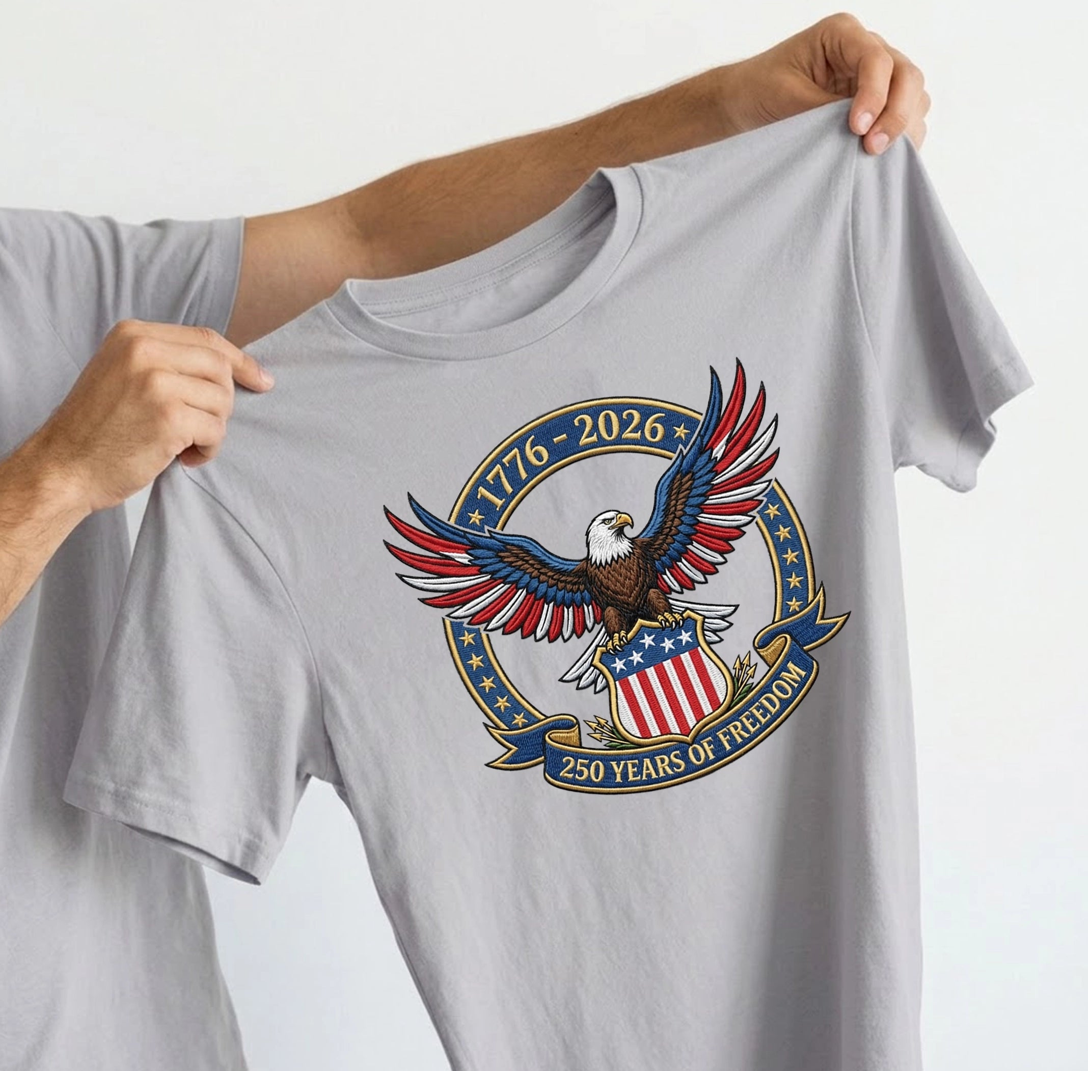 1776-2026 USA Flag Patriotic Embroidered T-Shirt - 250 Years Anniversary Shirt