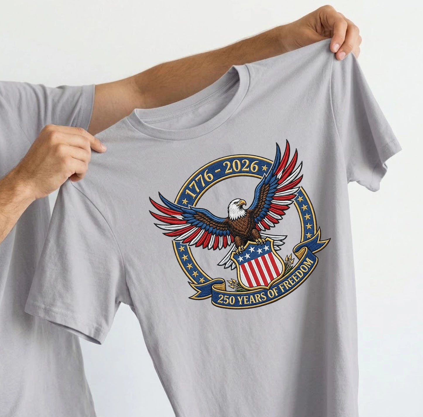 1776-2026 USA Flag Patriotic Embroidered T-Shirt - 250 Years Anniversary Shirt