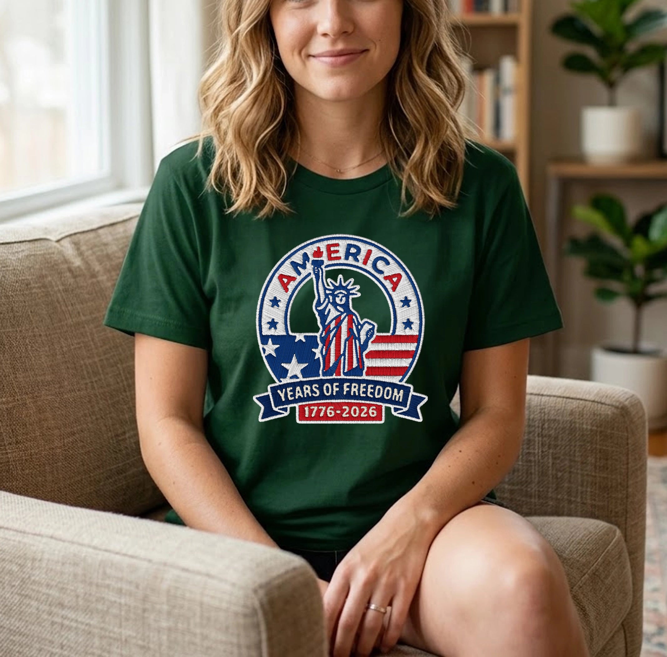 America 250th Anniversary Patriotic Embroidered T-Shirt - Independence Day Tee